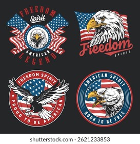 Four distinctive designs showcase the American eagle symbolizing freedom and patriotism. Each design incorporates stars and stripes patterns emphasizing national pride and spirit.
