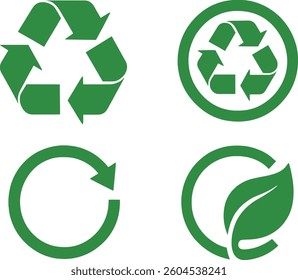 Four distinctive green symbols representing recycling and sustainability can be seen. These designs emphasize the importance of environmental protection and eco-conscious practices.