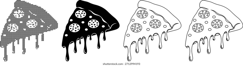Four distinctive pizza slices presented with melted cheese and pepperoni toppings, showcasing a range of artistic styles from pixel art to solid silhouettes and clean outlines, ideal for food related designs.