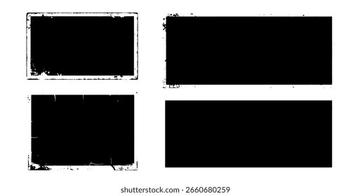 Four distressed black frames of different shapes with textured edges stand against a white background creating a versatile design element for overlays and effects in various applications
