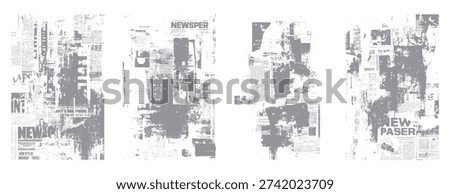 Four distressed newspaper pages with grey textured overlays and visible text fragments grunge