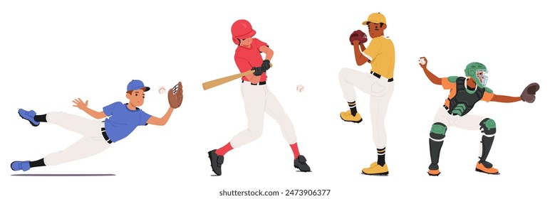 Vier verschiedene Baseballspieler in verschiedenen Aktionen, einschließlich Pitching, Hit, Catching und Fielding. Spieler in bunten Uniformen mit verschiedenen Baseballgeräten. Fangen Sie den dynamischen Geist des Sports ein