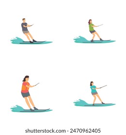 Four diverse cartoon characters enjoying water skiing, illustrated on a white background