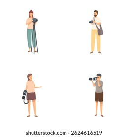 Four diverse cartoon characters holding cameras and photography gear, isolated on white
