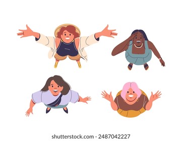 Four Diverse Cartoon Female Characters Looking Up With Joyful Expressions. Image Conveys Diversity, Happiness
