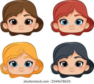 Four diverse cartoon girl faces with different hair colors