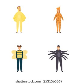 Four diverse cartoon people dressed as colorful insects for party or theater