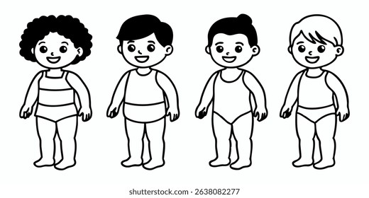Four diverse children in swimwear, standing together with cheerful expressions, showcasing friendship and playfulness in a fun summer setting, ideal for educational or promotional use