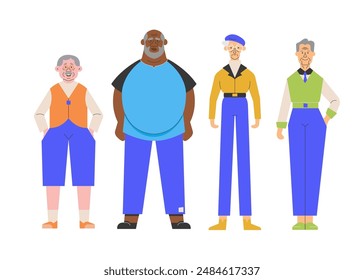 Four diverse elderly men standing together, showcasing a multicultural and inclusive group of senior citizens. A sense of unity, happiness, and community among mature men. Aging, senior friendship.