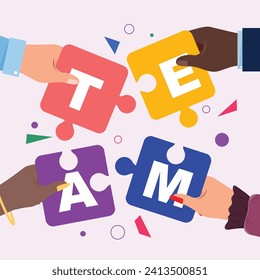  Four diverse hands collaboratively piece together letter puzzles, symbolising effective team building. Illustration of teamwork, diversity, and synergy in a business setting, fostering trust 
