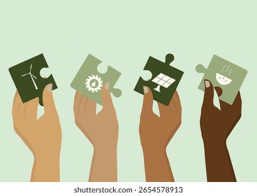  Four diverse hands displaying renewable energy puzzle pieces with wind turbine, hydroelectric, solar panel, and geothermal symbols. Sustainable energy concept. Flat style. Vector illustration
