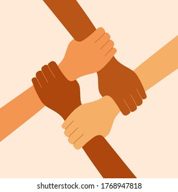 Four diverse hands holding each other. 4 women symbolize women's solidarity, feminism. People connected by hands. People together. National union. Vector illustration