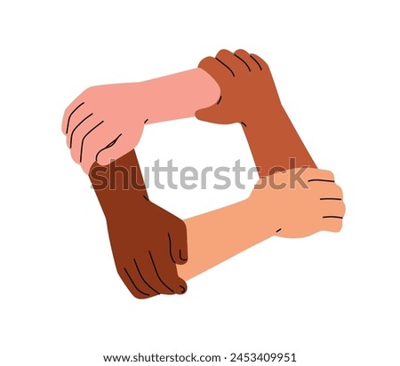 Four diverse hands in unity, holding one another in circle. Teamwork, support, solidarity concept. Trust and cooperation in international team. Flat vector illustration isolated on white background