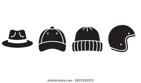 Four diverse hats including a fedora, baseball cap, beanie, and helmet, showcasing variety in headwear styles suitable for fashion, outdoor activities, and casual wear.