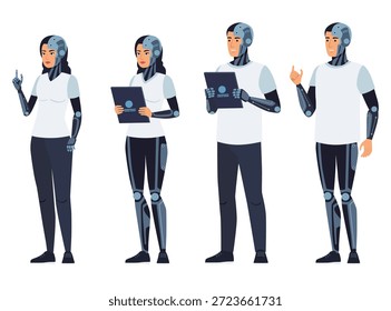 Four diverse human robot hybrids or cyborgs in casual clothes stand with feature robotic limbs and head pieces, suitable for technology and future concepts