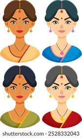 Cuatro mujeres indias diversas con atuendo tradicional