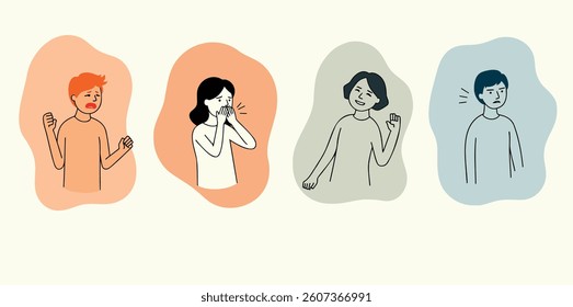 four diverse individuals expressing various emotions through simple