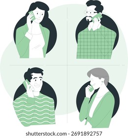 Quatro indivíduos diversos em um estilo de design plano estão envolvidos em conversas telefônicas contra um fundo verde claro.