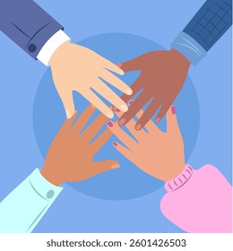 Four diverse individuals joining hands, symbolizing teamwork, collaboration, and unity in a vibrant display of support and connection