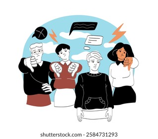 Four diverse individuals showing thumbs-down gestures with sad expressions, surrounded by speech bubbles and symbols, against a blue background. Concept of criticism