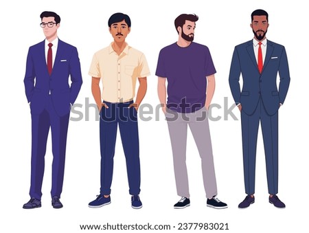 Four diverse men standing different clothing styles casual business wear