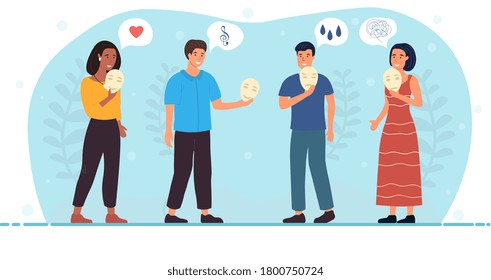 Four diverse people expressing positive emotions lowering masks from their faces with icons of love and music, colored vector illustration