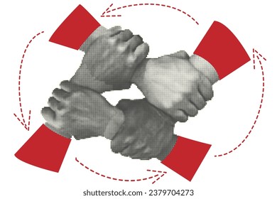 Four diverse people holding each others wrists in circle. Top view. Human halftone hands locked. Isolated on white background. Concept 4 hand assemble, corporate meeting teamwork. Vector illustration.