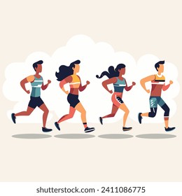 Four diverse people jogging together. Multiracial group runs in sportswear. Friendship and fitness lifestyle vector illustration. Active adults, morning exercise and marathon training.