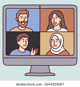 Four diverse people on video call seen on computer monitor, smiling and talking remotely during friendly conversation or online gathering