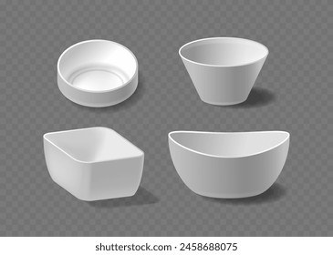 Four Diverse Plates And Bowls Isolated On A Transparent Background. Collection Showcases Different Shapes, Round, Square