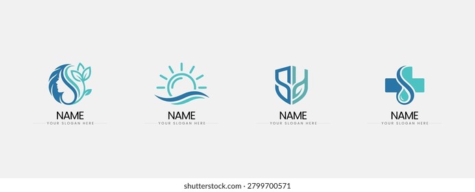 Four diverse professional logo designs featuring nature motifs sun and medical crosses, branding