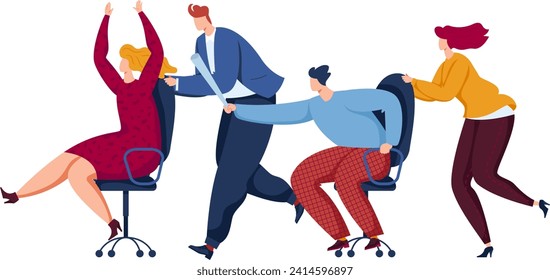 Four diverse professionals in a dynamic and playful office chair race. Excitement and competition in the workplace vector illustration.