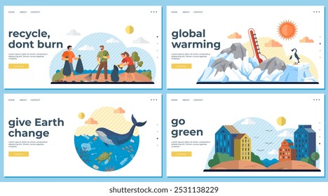 Four diverse scenes with messages about recycling, global warming, marine life conservation, and green living. Ideal for environmental education, conservation efforts, awareness campaigns