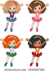 Four diverse superhero girls with colorful costumes.