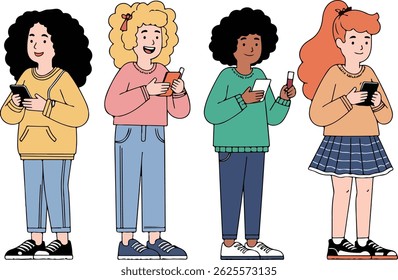 Four diverse women stand side-by-side, each engaged with their smartphones. They are dressed in casual attire, showcasing different styles and ethnicities.
