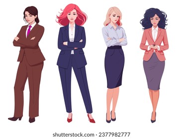 Four diverse women standing elegant business suit formal wear office attire