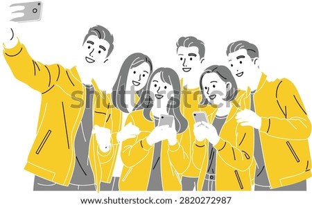Four diverse young people taking a selfie together with smartphones outdoors in casual clothing group selfie