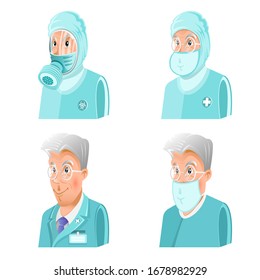 Four doctors or scientists clothed in different chemical or virus protection suit, masks and gas masks
