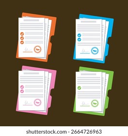 Quatro pastas de documentos em laranja, azul, rosa e verde com papéis mostrando listas de verificação e carimbos de aprovação, estilo gráfico plano, em plano de fundo escuro. Conceito de organização e rastreamento do status do documento