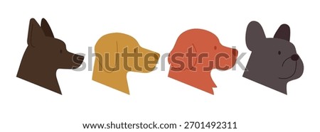 Four dog head silhouettes in a row different solid colour. Side view. Profile portraits for pet shop designs, stickers, decorations. Simple vector. isolated on white background.