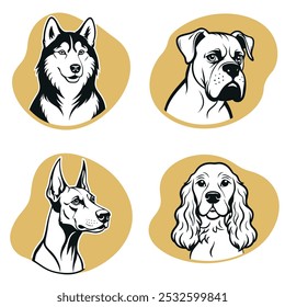 Four dogs with different breeds and expressions. The first dog is a husky with a serious expression, the second dog is a boxer with a sad expression