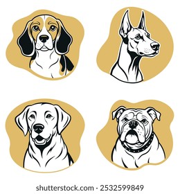 Four dogs with different breeds and expressions. The dogs are all facing the viewer. The first dog is a beagle, the second is a bulldog, the third is a dachsund, and the fourth is a dalmatian