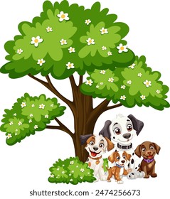 Four dogs sitting under a blooming tree