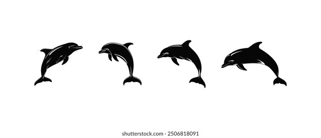 Four Dolphin Silhouettes in Different Poses. Vector icon design.