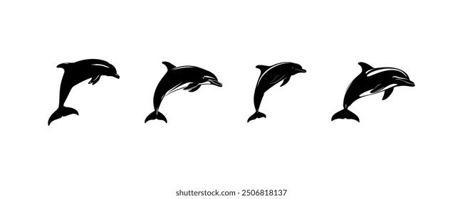 Four Dolphin Silhouettes in Different Poses. Vector icon design.