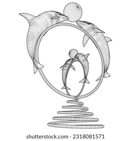 Cuatro Delfines Con Bola En El Vector Estatual De Hoops 03. Ilustración Aislada En Fondo Blanco. Ilustración vectorial De Los Delfines Jugando Con Una Bola En El Carrote.