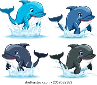 Four dolphins are happily jumping out of the water, smiling with joy