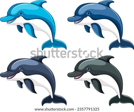 Four dolphins are happily jumping and smiling, isolated on a white background