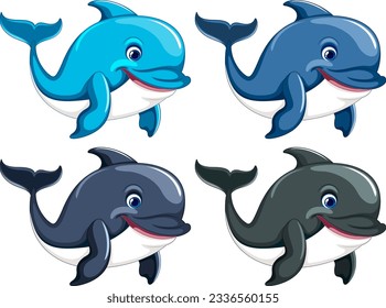 Four dolphins are swimming and smiling, isolated on a white background.
