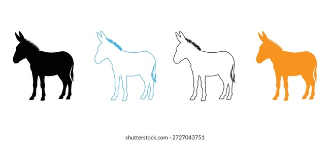 Cuatro siluetas de burro en diferentes colores y estilos para uso de diseño